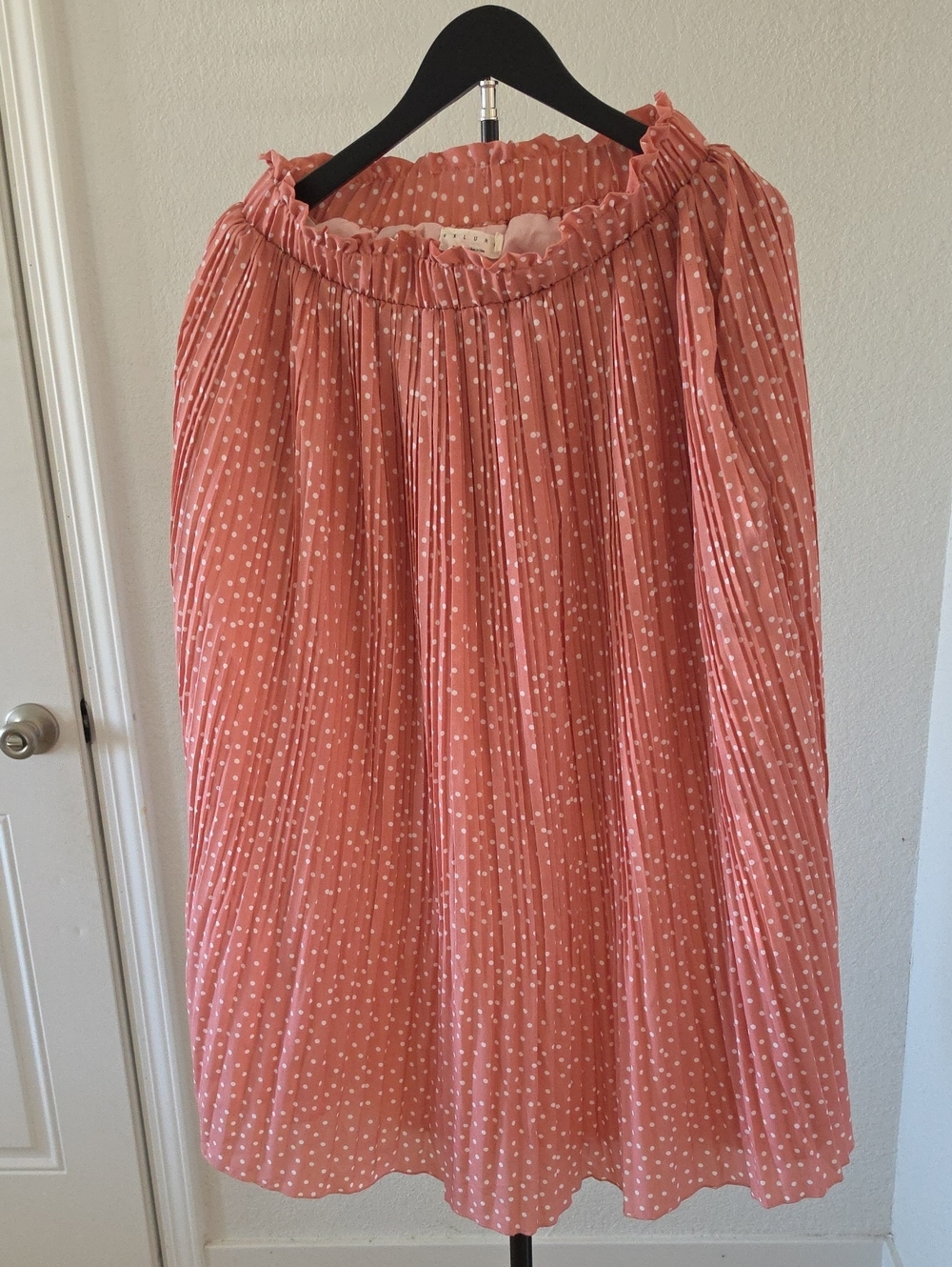 Pleated Coral Pink Midi Skirt with White Polka Dots